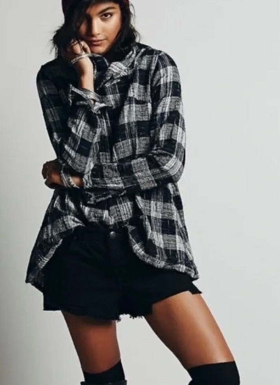 Free People Plaid Cowl Neck Black White Check top Small